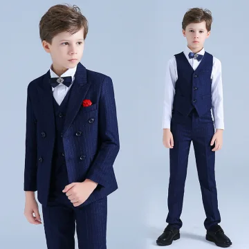 Bleu Roi Rayé Costumes De Mariage Pour Garçons Faux Diamant Cravate Manches Longues Manteau Chemise 2019