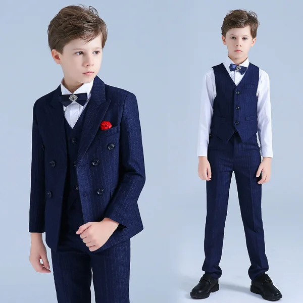 Royal Blue Striped Boys Wedding Suits Rhinestone Tie Long Sleeve Coat Shirt 2019