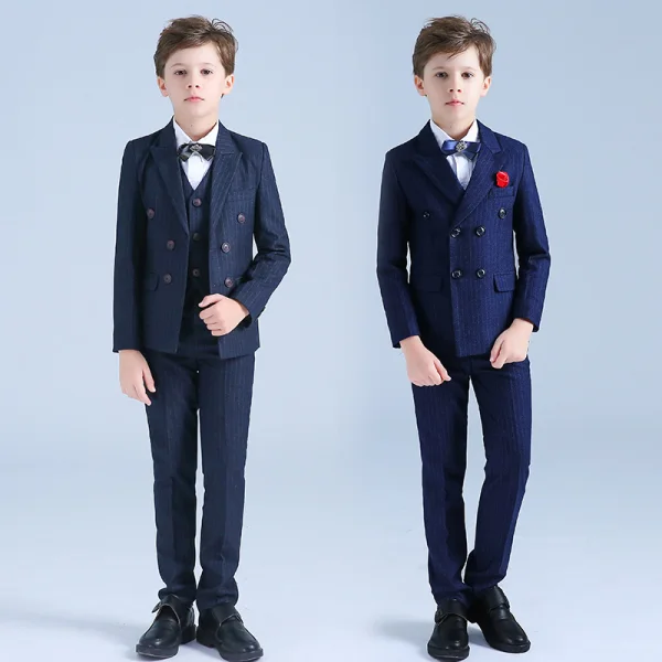 Royal Blue Striped Boys Wedding Suits Rhinestone Tie Long Sleeve Coat Shirt 2019