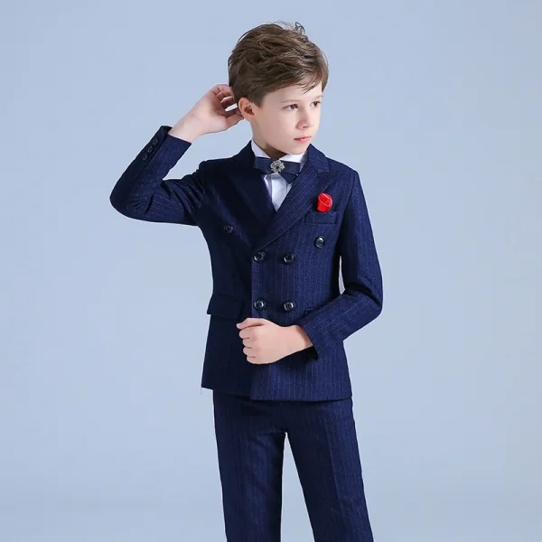 Royal Blue Striped Boys Wedding Suits Rhinestone Tie Long Sleeve Coat Shirt 2019