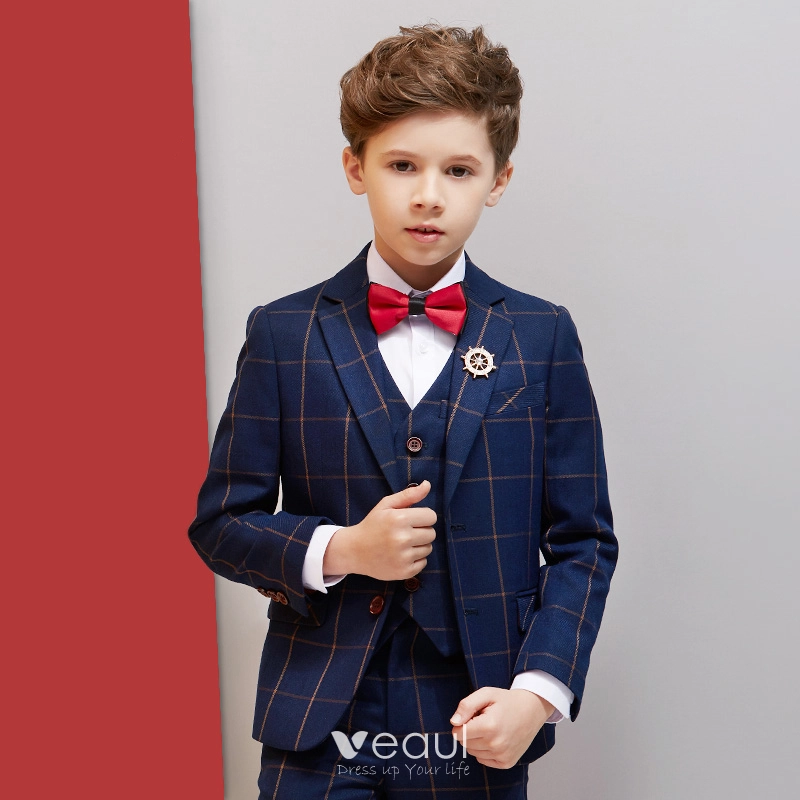 Navy Blue Checked Boys Wedding Suits 2019