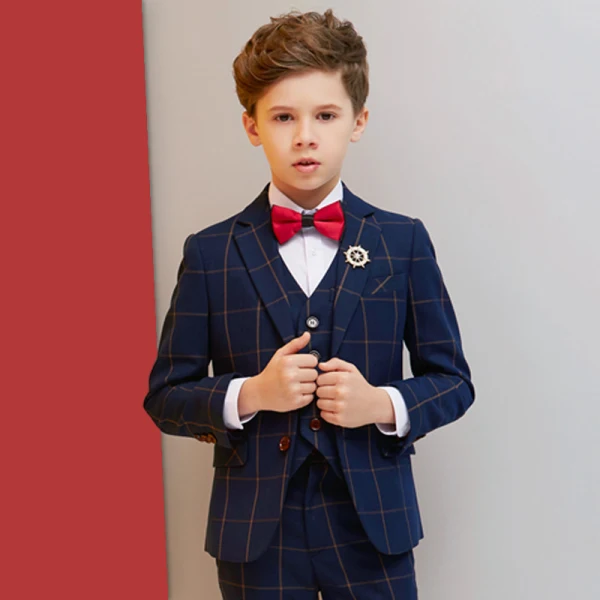 Navy Blue Checked Boys Wedding Suits 2019