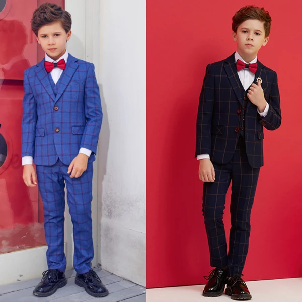 Navy Blue Checked Boys Wedding Suits 2019