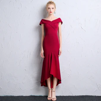 Chic Beautiful Burgundy Evening Dresses 2018 Trumpet Mermaid V Neck Short Sleeve Tea Length Ruffle Backless Formal Dresses