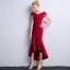 Chic / Beautiful Burgundy Evening Dresses  2018 Trumpet / Mermaid V-Neck Short Sleeve Tea-length Ruffle Backless Formal Dresses