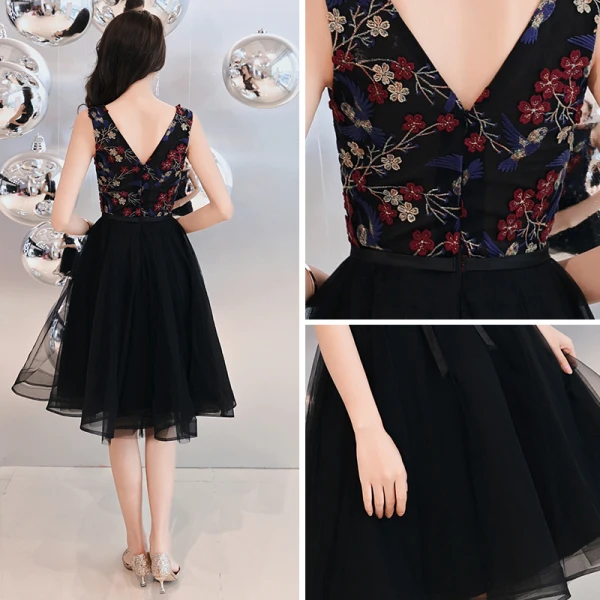 Chic / Beautiful Black Homecoming Graduation Dresses 2019 A-Line / Princess V-Neck Sleeveless Appliques Embroidered Flower Knee-Length Ruffle Formal Dresses