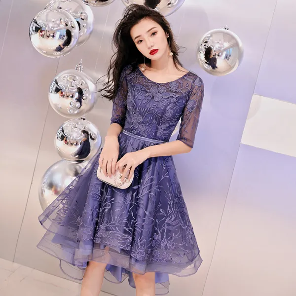 Elegant Purple Pierced Cocktail Dresses 2019 A-Line / Princess Scoop Neck 1/2 Sleeves Appliques Lace Asymmetrical Ruffle Formal Dresses