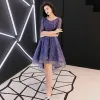 Elegant Purple Pierced Cocktail Dresses 2019 A-Line / Princess Scoop Neck 1/2 Sleeves Appliques Lace Asymmetrical Ruffle Formal Dresses