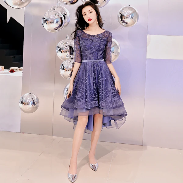 Elegant Purple Pierced Cocktail Dresses 2019 A-Line / Princess Scoop Neck 1/2 Sleeves Appliques Lace Asymmetrical Ruffle Formal Dresses Elegant Purple Pierced Cocktail Dresses 2019 A-Line / Princess Scoop Neck 1/2 Sleeves Appliques Lace Asymmetrical Ruffle Formal Dresses