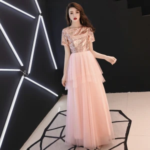 Affordable Blushing Pink Evening Dresses 2019 A Line Princess Square Neckline Short Sleeve Sequins Floor Length Long Ruffle Formal Dresses