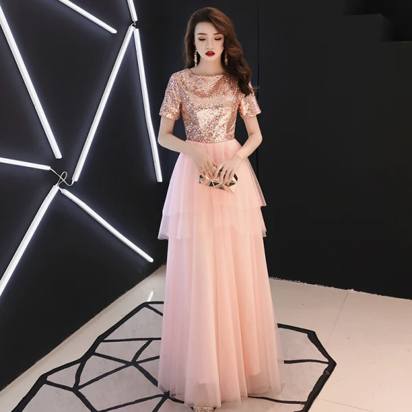Affordable Blushing Pink Evening Dresses 2019 A-Line / Princess Square Neckline Short Sleeve Sequins Floor-Length / Long Ruffle Formal Dresses