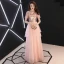 Affordable Blushing Pink Evening Dresses  2019 A-Line / Princess Square Neckline Short Sleeve Sequins Floor-Length / Long Ruffle Formal Dresses
