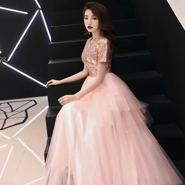 Affordable Blushing Pink Evening Dresses 2019 A-Line / Princess Square Neckline Short Sleeve Sequins Floor-Length / Long Ruffle Formal Dresses
