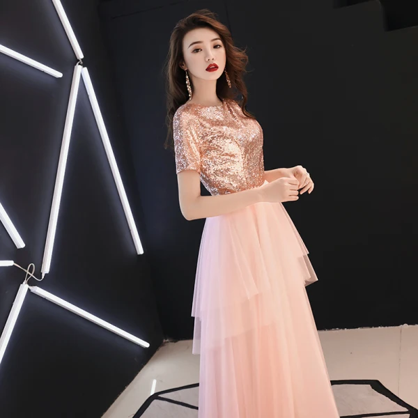 Affordable Blushing Pink Evening Dresses 2019 A-Line / Princess Square Neckline Short Sleeve Sequins Floor-Length / Long Ruffle Formal Dresses