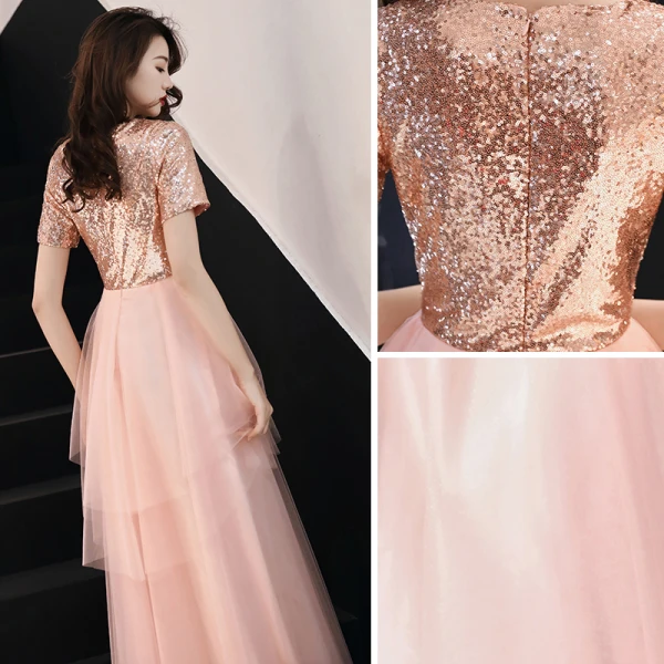 Affordable Blushing Pink Evening Dresses 2019 A-Line / Princess Square Neckline Short Sleeve Sequins Floor-Length / Long Ruffle Formal Dresses