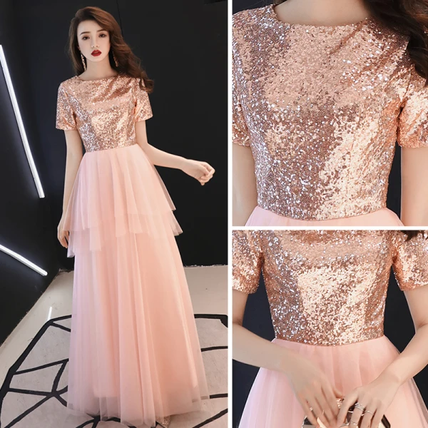 Affordable Blushing Pink Evening Dresses 2019 A-Line / Princess Square Neckline Short Sleeve Sequins Floor-Length / Long Ruffle Formal Dresses