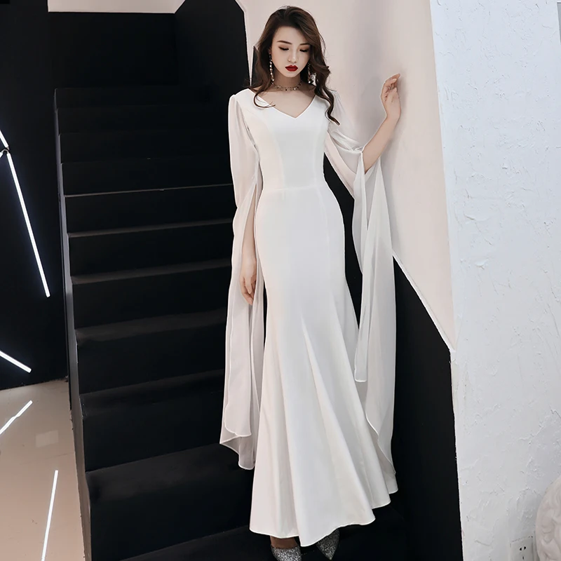 white christmas dresses Ivory Chiffon Off The Shoulder Long Sleeves A-Line Beach Wedding Dresses, CW0413 US2 / Custom Color(Leaving A note) main image 1