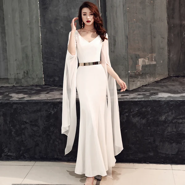 Modest / Simple Ivory Chiffon Evening Dresses 2019 Trumpet / Mermaid V-Neck Long  Sleeve Metal Sash Floor-