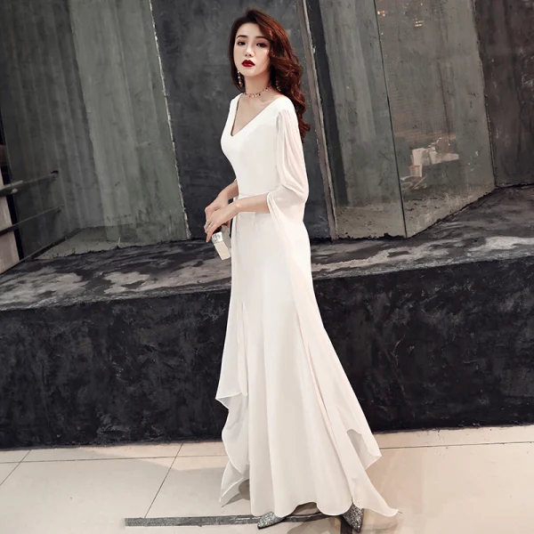 Modest / Simple Ivory Chiffon Evening Dresses 2019 Trumpet / Mermaid V-Neck Long  Sleeve Metal Sash Floor-