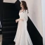 Schlicht Ivory / Creme Chiffon Abendkleider 2019 Meerjungfrau V-Ausschnitt Lange Ärmel Metall Stoffgürtel Lange Rüschen Rückenfreies Festliche Kleider