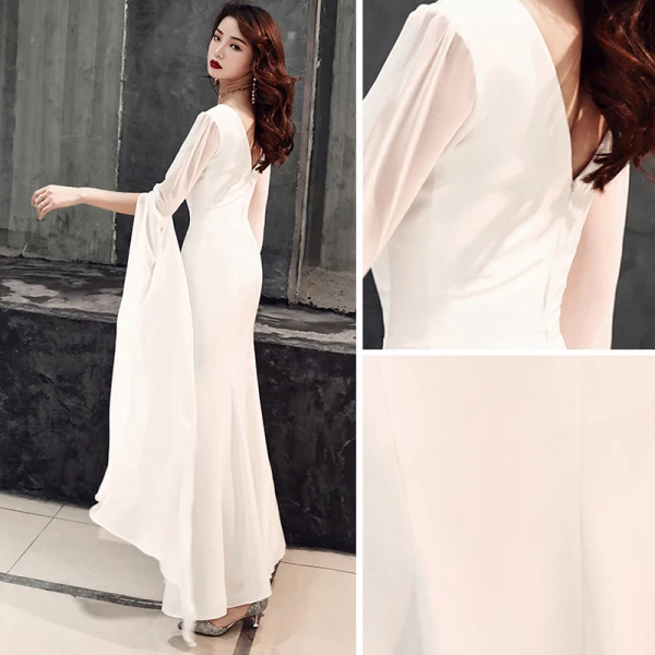 Schlicht Ivory / Creme Chiffon Abendkleider 2019 Meerjungfrau V-Ausschnitt Lange Ärmel Metall Stoffgürtel Lange Rüschen Rückenfreies Festliche Kleider