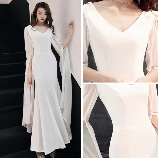 Schlicht Ivory / Creme Chiffon Abendkleider 2019 Meerjungfrau V-Ausschnitt Lange Ärmel Metall Stoffgürtel Lange Rüschen Rückenfreies Festliche Kleider