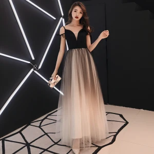 Affordable Black Gradient Color Ivory Prom Dresses 2019 A Line Princess V Neck Sleeveless Floor Length Long Ruffle Backless Formal Dresses