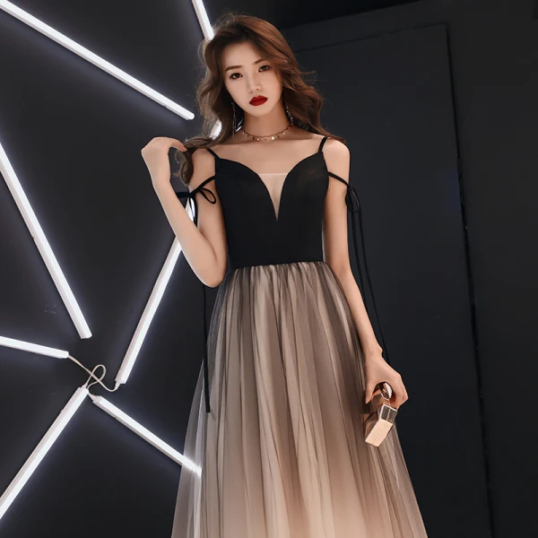 Affordable Black Gradient-Color Ivory Prom Dresses 2019 A-Line / Princess V-Neck Sleeveless Floor-Length / Long Ruffle Backless Formal Dresses