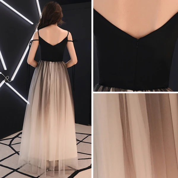 Affordable Black Gradient-Color Ivory Prom Dresses 2019 A-Line / Princess V-Neck Sleeveless Floor-Length / Long Ruffle Backless Formal Dresses