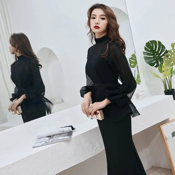 Vintage / Retro Black See-through Evening Dresses 2019 Trumpet / Mermaid High Neck Puffy Long Sleeve Sash Sweep Train Ruffle Formal Dresses