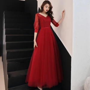 Chic Beautiful Burgundy Evening Dresses 2019 A Line Princess V Neck Puffy 3 4 Sleeve Sequins Sash Floor Length Long Ruffle Backless Formal Dresses