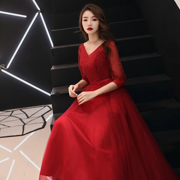 Chic / Belle Bordeaux Robe De Soirée 2019 Princesse V-Cou Gonflée 3/4 Manches Paillettes Ceinture Longue Volants Dos Nu Robe De Ceremonie