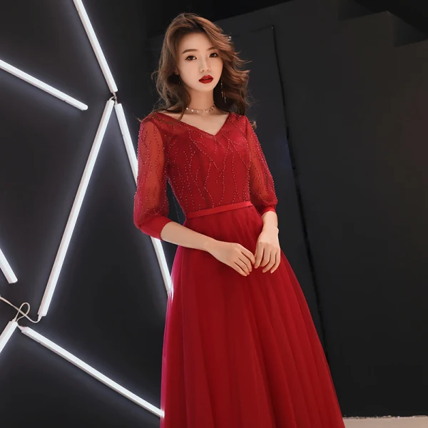 Chic / Belle Bordeaux Robe De Soirée 2019 Princesse V-Cou Gonflée 3/4 Manches Paillettes Ceinture Longue Volants Dos Nu Robe De Ceremonie