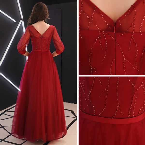 Chic / Belle Bordeaux Robe De Soirée 2019 Princesse V-Cou Gonflée 3/4 Manches Paillettes Ceinture Longue Volants Dos Nu Robe De Ceremonie