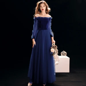 Affordable Royal Blue Suede Evening Dresses 2019 A Line Princess Off The Shoulder Puffy Long Sleeve Floor Length Long Ruffle Backless Formal Dresses