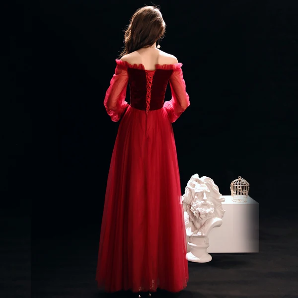 Affordable Royal Blue Suede Evening Dresses 2019 A-Line / Princess Off-The-Shoulder Puffy Long Sleeve Floor-Length / Long Ruffle Backless Formal Dresses