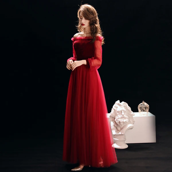 Affordable Royal Blue Suede Evening Dresses 2019 A-Line / Princess Off-The-Shoulder Puffy Long Sleeve Floor-Length / Long Ruffle Backless Formal Dresses