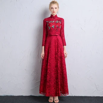 Style Chinois Bordeaux Dentelle Robe De Soirée 2018 Princesse Col Haut Manches Longues Appliques En Dentelle Noeud Ceinture Volants Longueur Cheville Robe De Ceremonie