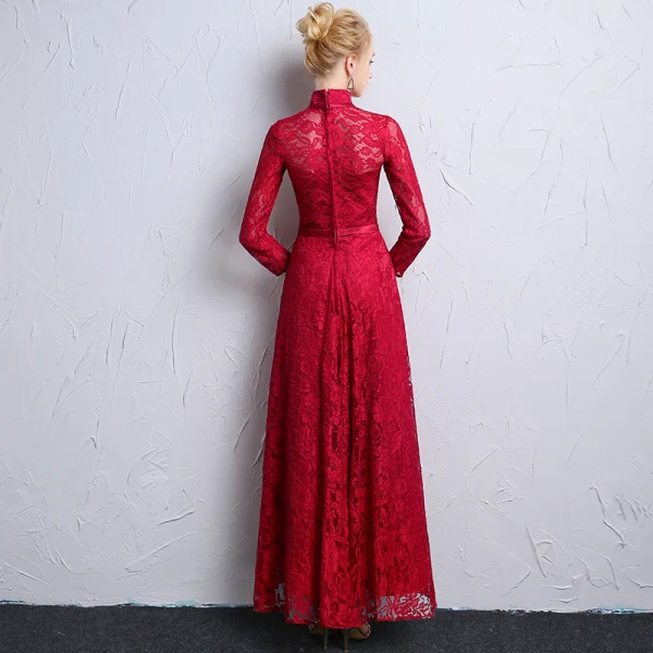 Chinese style Burgundy Lace Evening Dresses 2018 A-Line / Princess High Neck Long Sleeve Appliques Lace Bow Sash Ruffle Ankle Length Formal Dresses