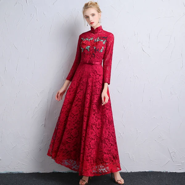 Chinese style Burgundy Lace Evening Dresses 2018 A-Line / Princess High Neck Long Sleeve Appliques Lace Bow Sash Ruffle Ankle Length Formal Dresses