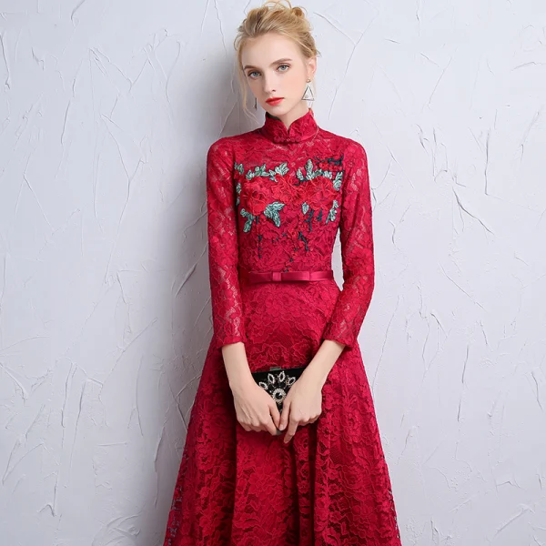 Chinese style Burgundy Lace Evening Dresses 2018 A-Line / Princess High Neck Long Sleeve Appliques Lace Bow Sash Ruffle Ankle Length Formal Dresses