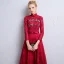 Chinese style Burgundy Lace Evening Dresses  2018 A-Line / Princess High Neck Long Sleeve Appliques Lace Bow Sash Ruffle Ankle Length Formal Dresses