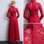 Chinese style Burgundy Lace Evening Dresses  2018 A-Line / Princess High Neck Long Sleeve Appliques Lace Bow Sash Ruffle Ankle Length Formal Dresses