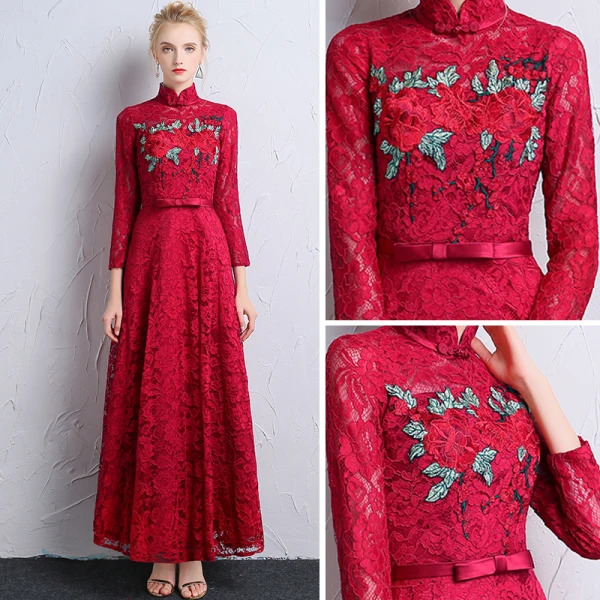 Chinese style Burgundy Lace Evening Dresses 2018 A-Line / Princess High Neck Long Sleeve Appliques Lace Bow Sash Ruffle Ankle Length Formal Dresses