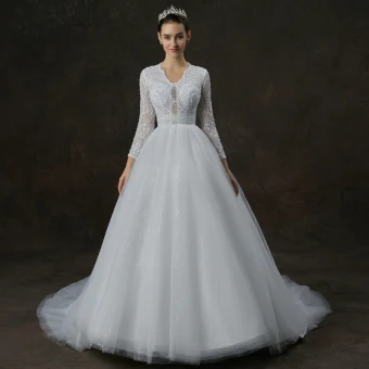 Elegant Hvit Boret Brudekjoler 2019 Prinsesse V Hals Langermede Beading Perle Glitter Tyll Chapel Train Buste