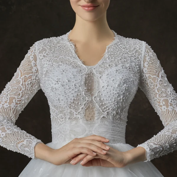 Elegant White Pierced Wedding Dresses 2019 A-Line / Princess V-Neck Long Sleeve Beading Pearl Glitter Tulle Chapel Train Ruffle