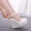 Élégant Blanche Perle En Dentelle Fleur Chaussure De Mariée 2023 Bride Cheville 10 cm Compensées À Bout Rond Mariage Talons
