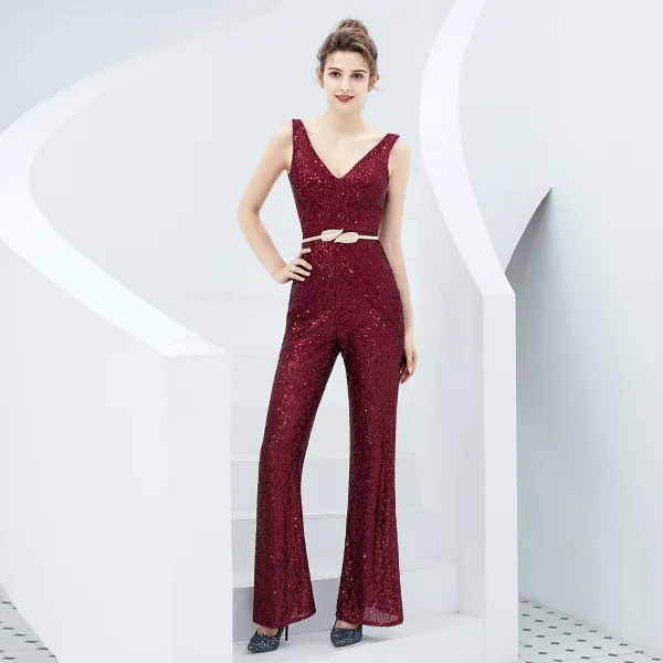 Chic / Beautiful Black Sequins Evening Party Jumpsuit 2022 V-Neck Sleeveless Sash Backless Floor-Length / Long Evening Dresses