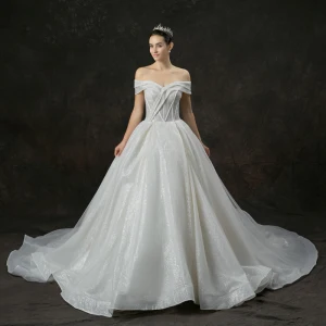 Bling Bling Champagne Wedding Dresses 2019 A Line Princess Off The Shoulder Short Sleeve Backless Glitter Tulle Cathedral Train Ruffle
