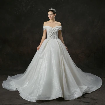 Bling Bling Champagne Robe De Mariée 2019 Princesse De L Épaule Manches Courtes Dos Nu Glitter Tulle Cathedral Train Volants